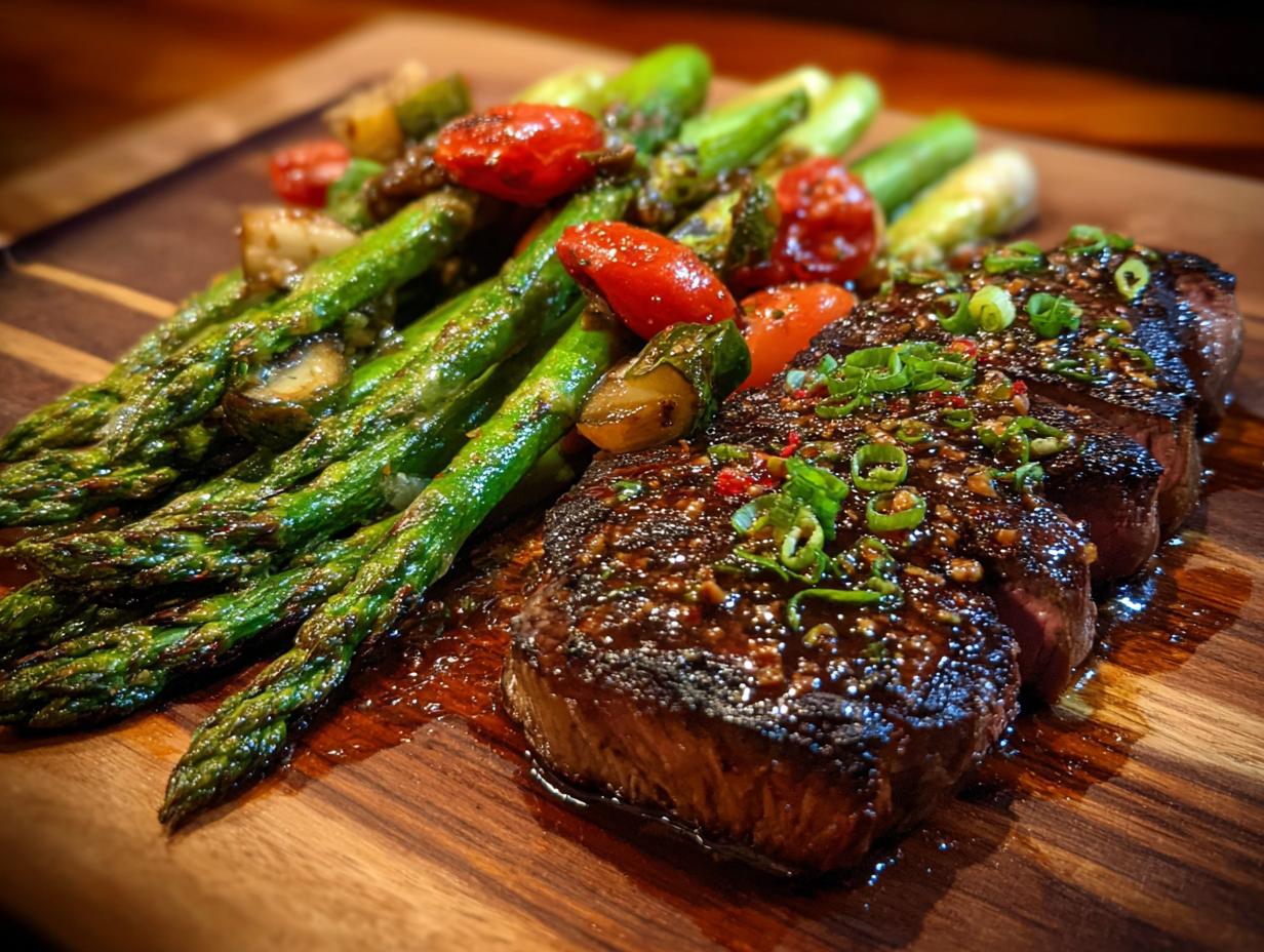 Grilled steak with asparagus and tomatoes, perfect for a Spring Dinner Party Menu.