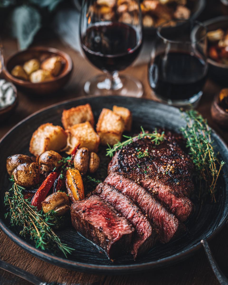 Close-up of a perfectly cooked steak with roasted vegetables, ideal for a Spring Dinner Party Menu.