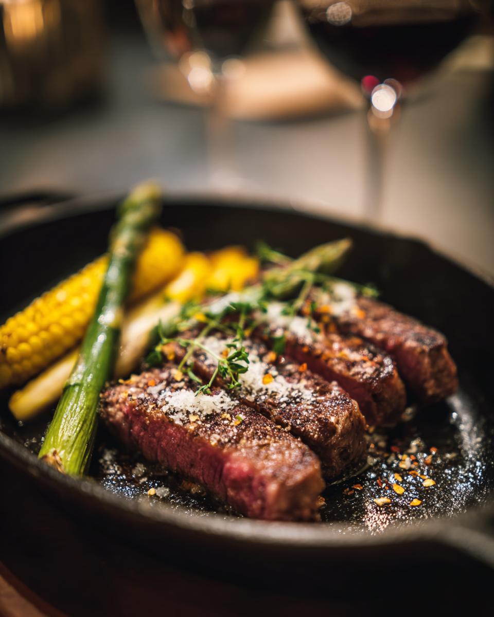 Grilled steak with asparagus and corn, perfect for a Spring Dinner Party Menu.