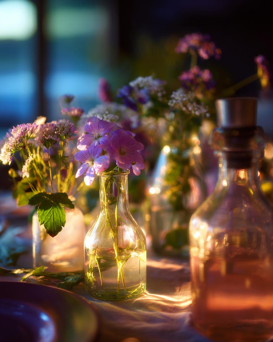 Close-up of a beautifully decorated table for a spring dinner party, featuring flowers in vases.