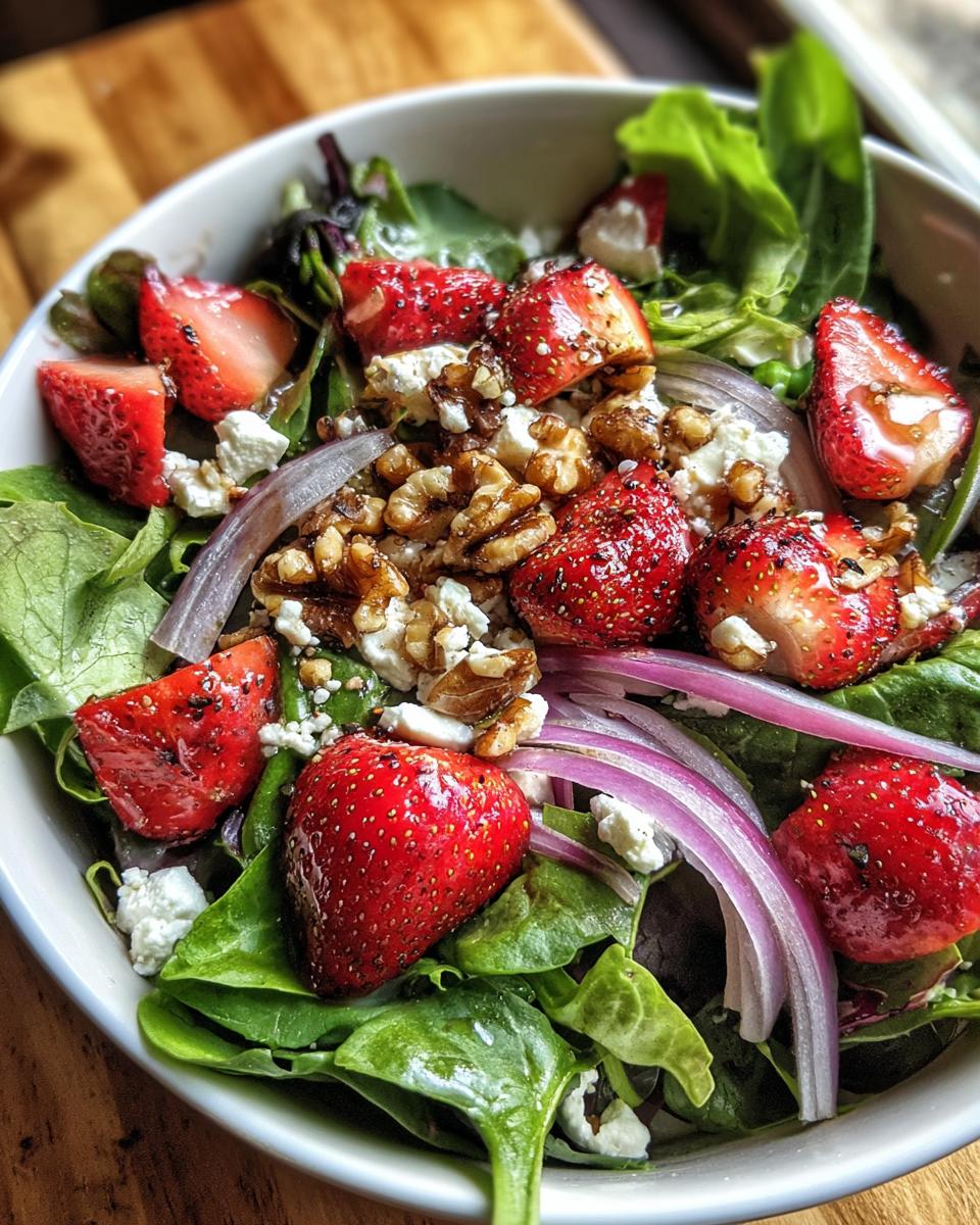 Amazing Strawberry Goat Cheese Salad: 1 Twist 3 Close-up of a vibrant Strawberry Goat Cheese Salad with fresh strawberries, goat cheese, walnuts, and red onion.