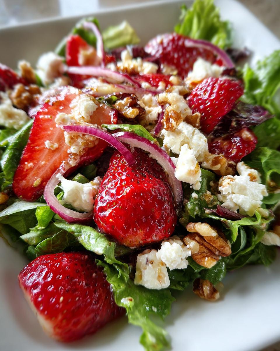 Amazing Strawberry Goat Cheese Salad: 1 Twist 2 Close-up of a delicious Strawberry Goat Cheese Salad with fresh strawberries, goat cheese, and walnuts.