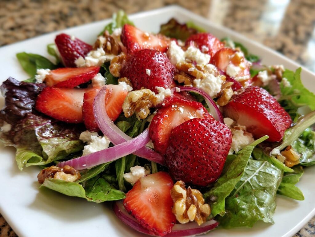 Close-up of a delicious Strawberry Goat Cheese Salad with fresh strawberries, goat cheese, red onion, and walnuts.