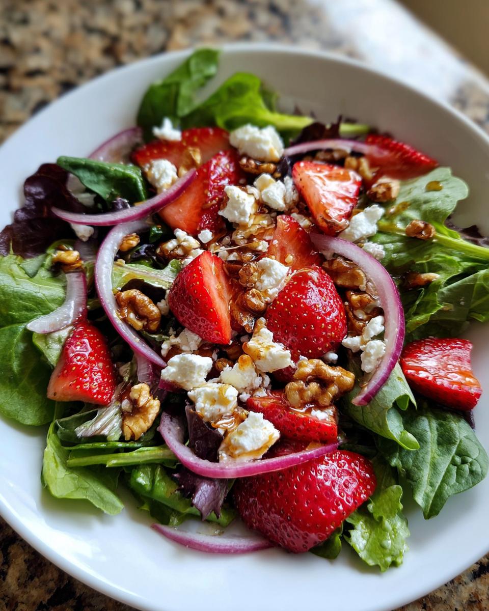 Amazing Strawberry Goat Cheese Salad: 1 Twist 4 Close-up of a fresh Strawberry Goat Cheese Salad with strawberries, goat cheese, walnuts, and red onion.