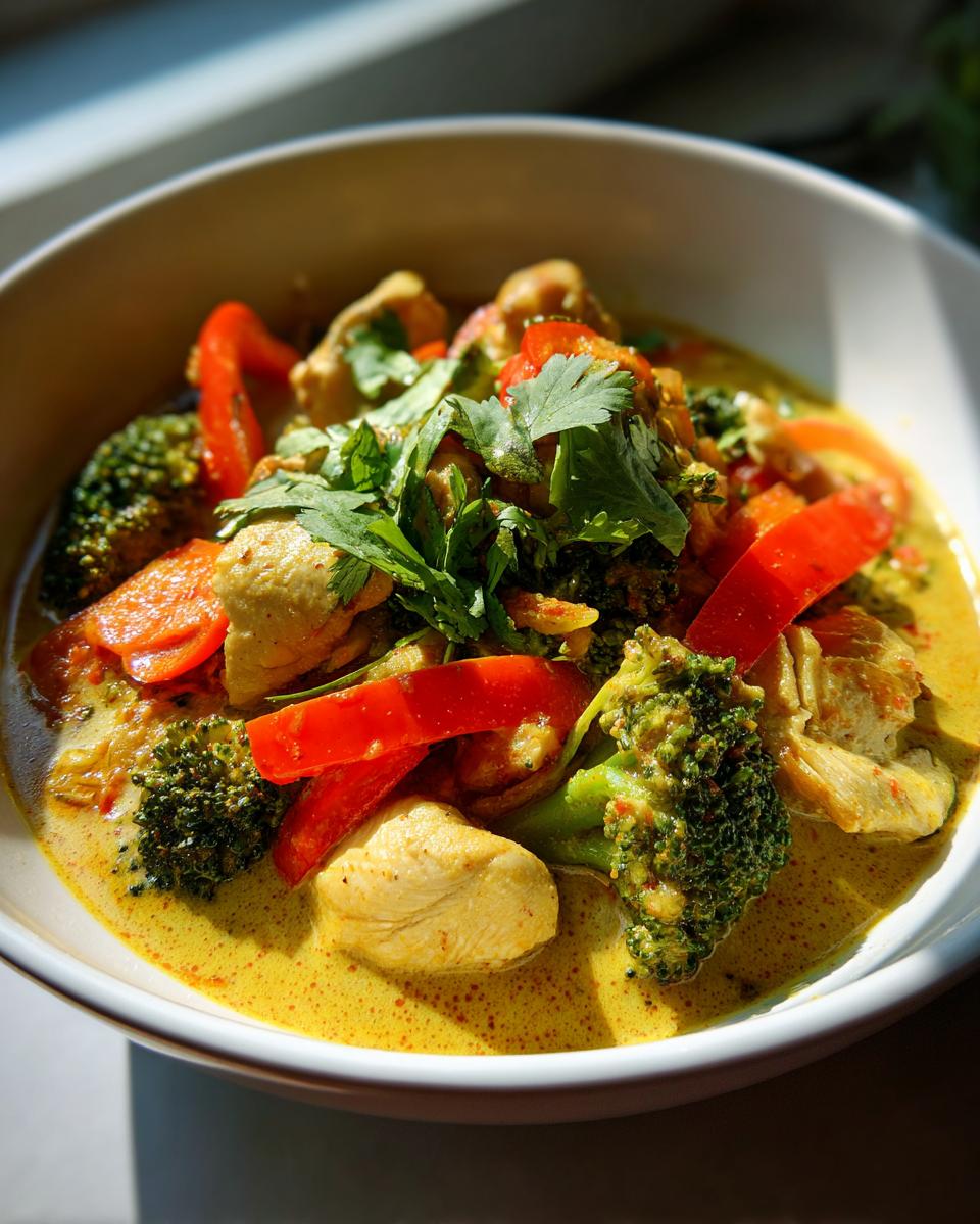 Amazing Thai Yellow Curry with Chicken (45 Min) 2 Close-up of Thai Yellow Curry with Chicken in a white bowl, with broccoli, red peppers, and cilantro.