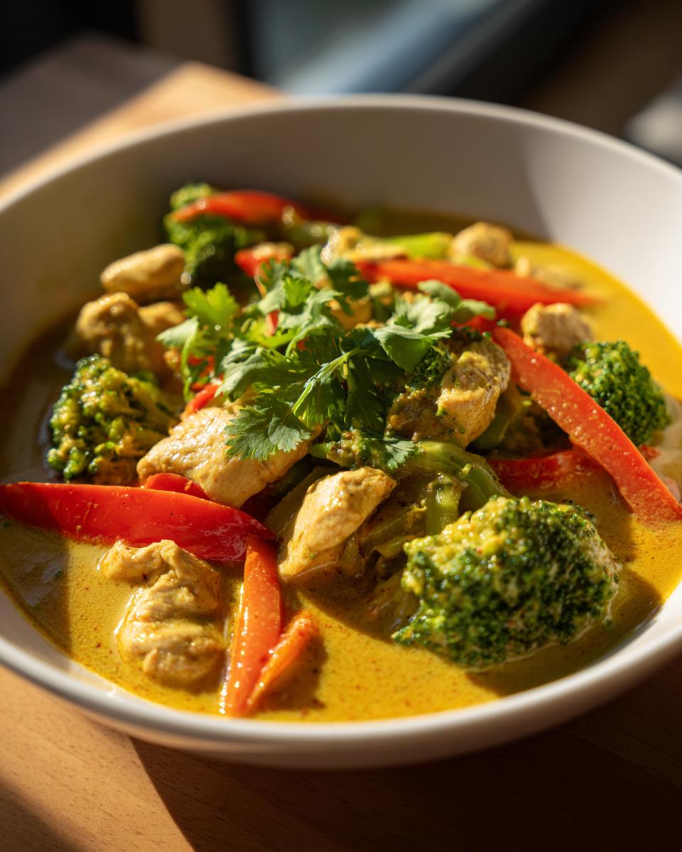 Amazing Thai Yellow Curry with Chicken (45 Min) 3 Close-up of Thai Yellow Curry with Chicken, broccoli, and red peppers in a white bowl.