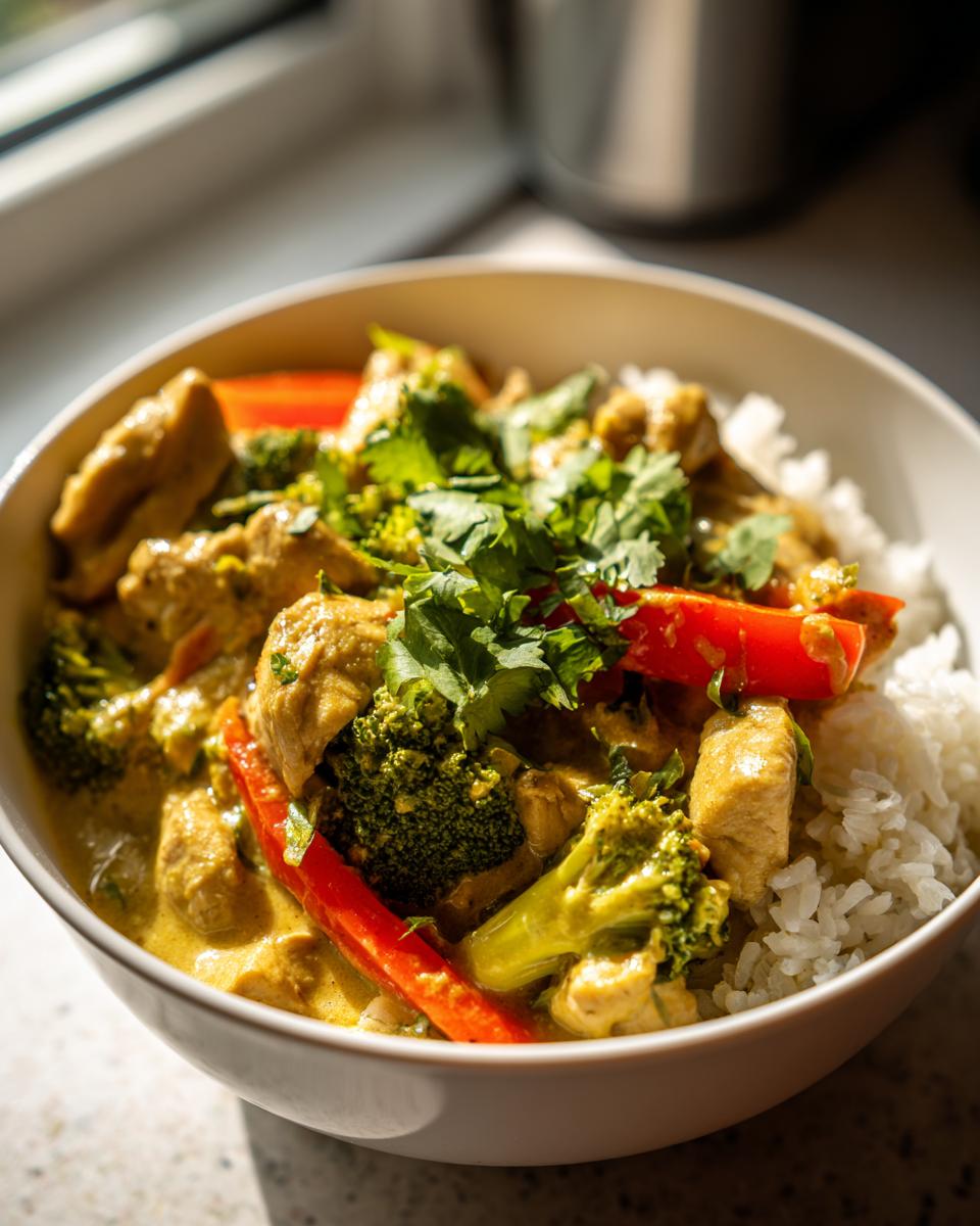 Amazing Thai Yellow Curry with Chicken (45 Min) 4 Close-up of a bowl of Thai Yellow Curry with Chicken, vegetables, and rice.