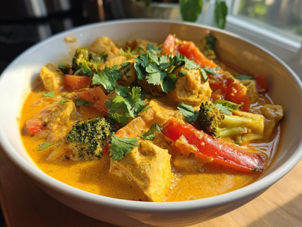 A bowl of Thai Yellow Curry with Chicken, vegetables, and fresh cilantro.