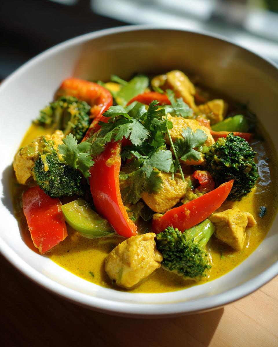 Amazing Thai Yellow Curry with Chicken (45 Min) 1 Close-up of Thai Yellow Curry with Chicken, broccoli, and red peppers in a white bowl.