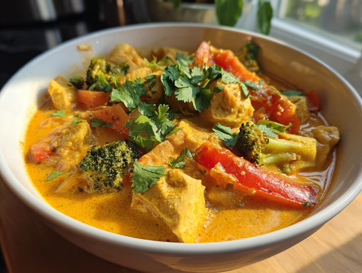 A bowl of Thai Yellow Curry with Chicken, vegetables, and fresh cilantro.