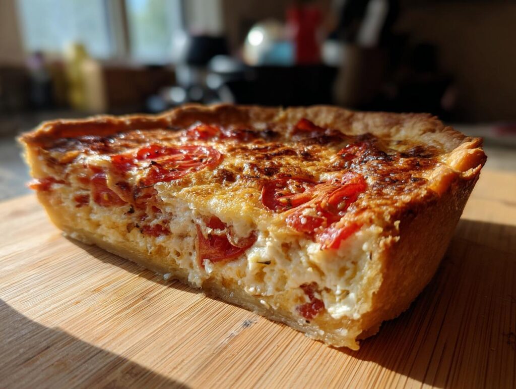 A close-up of a slice of delicious Tomato Pie, showcasing the flaky crust and juicy tomatoes.