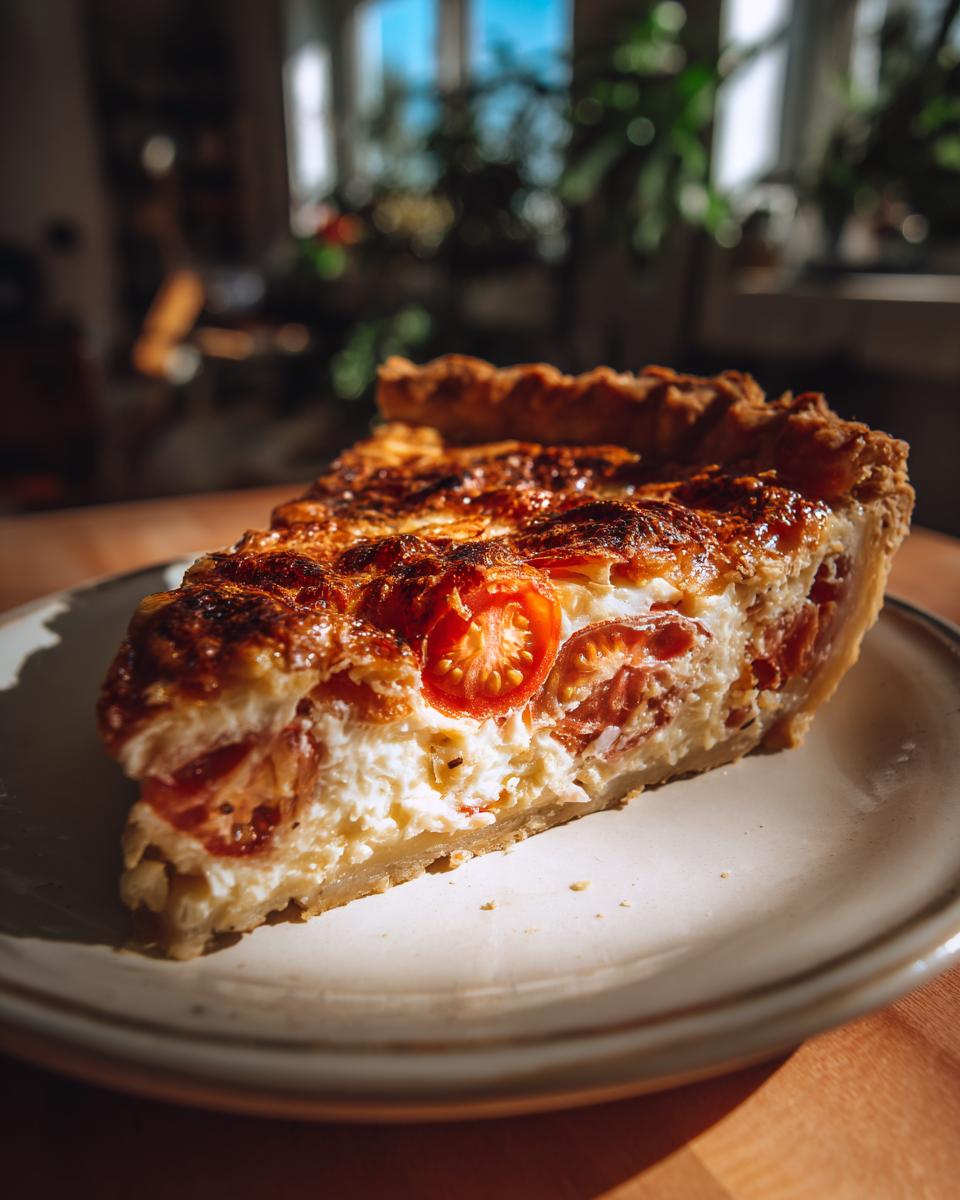 A slice of delicious Tomato Pie on a plate, showcasing fresh tomatoes and a flaky crust.