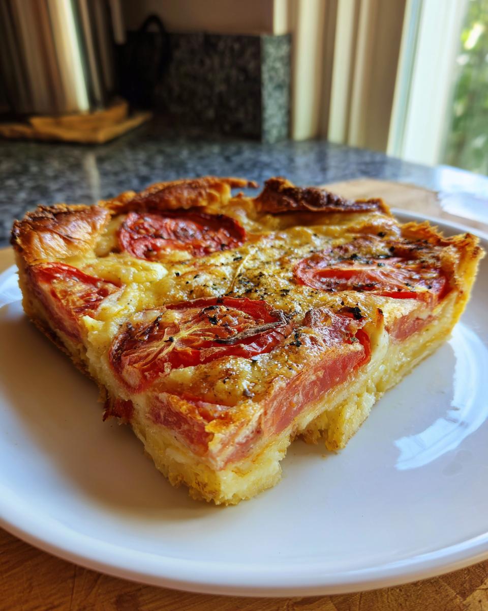 Close-up of a slice of Tomato Pie, showing layers of tomatoes and cheese on a flaky crust.