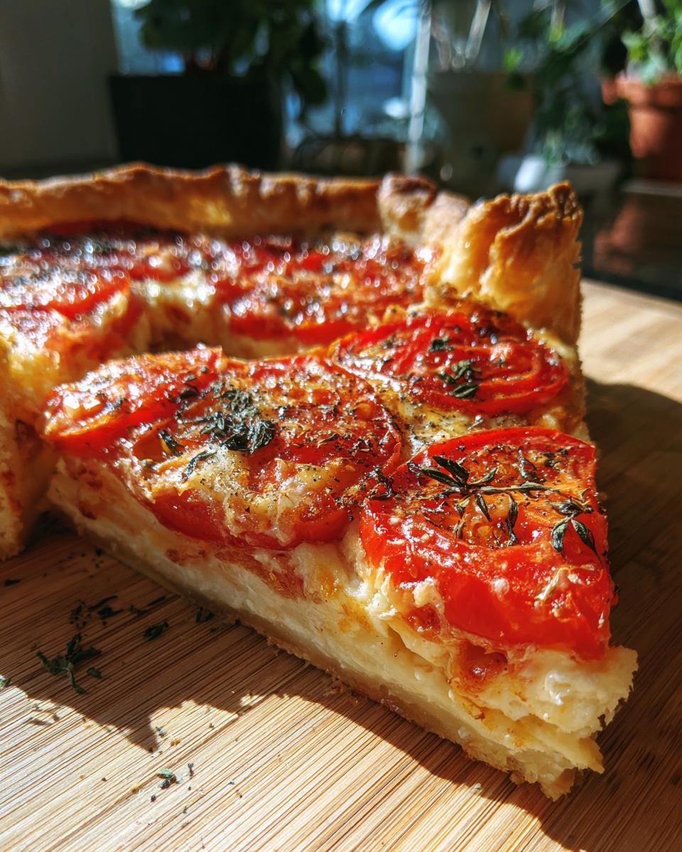 Close-up of a slice of Tomato Pie with fresh tomatoes and herbs.