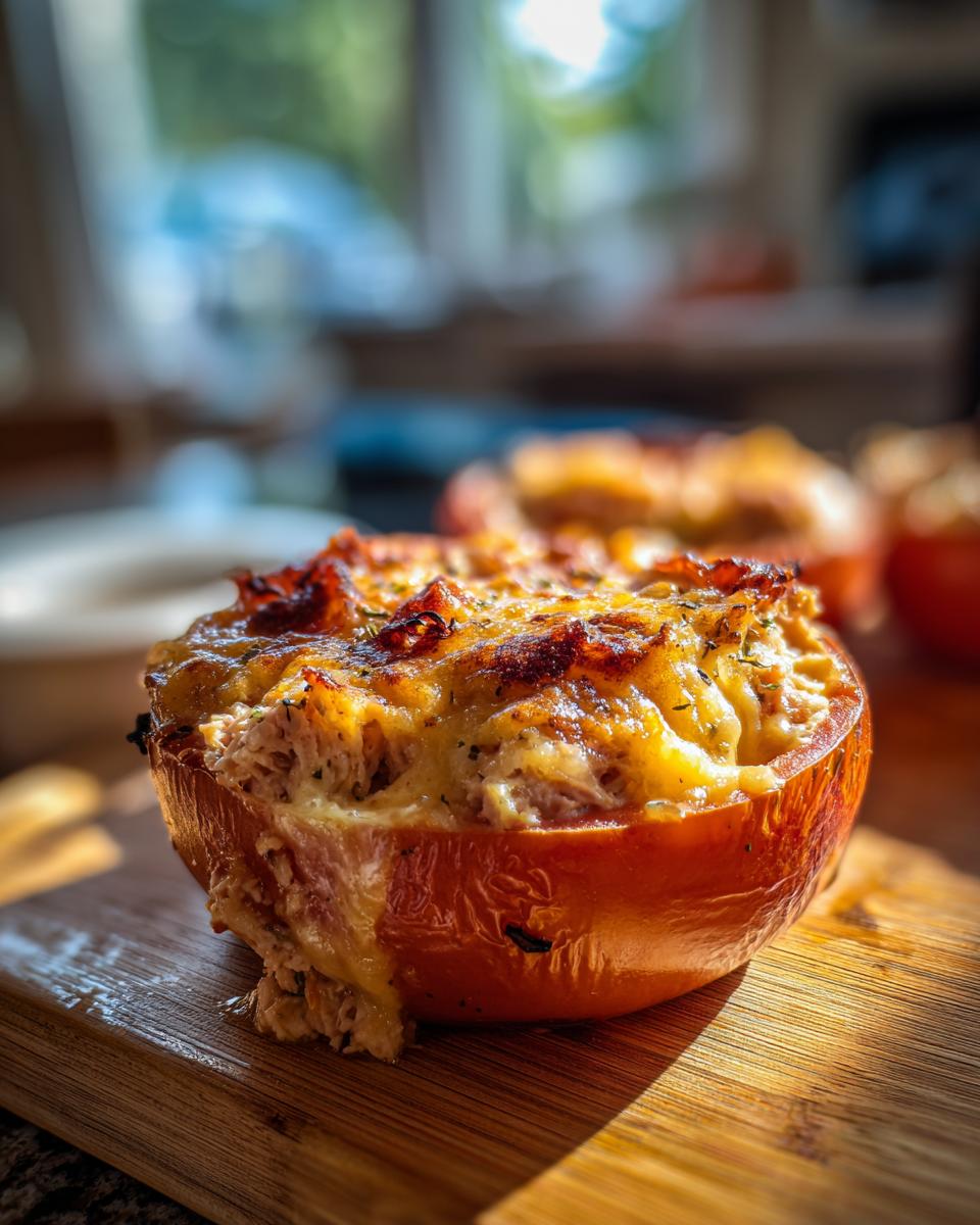 Close-up of a baked Tuna Melt Stuffed Tomato on a wooden board, with melted cheese.
