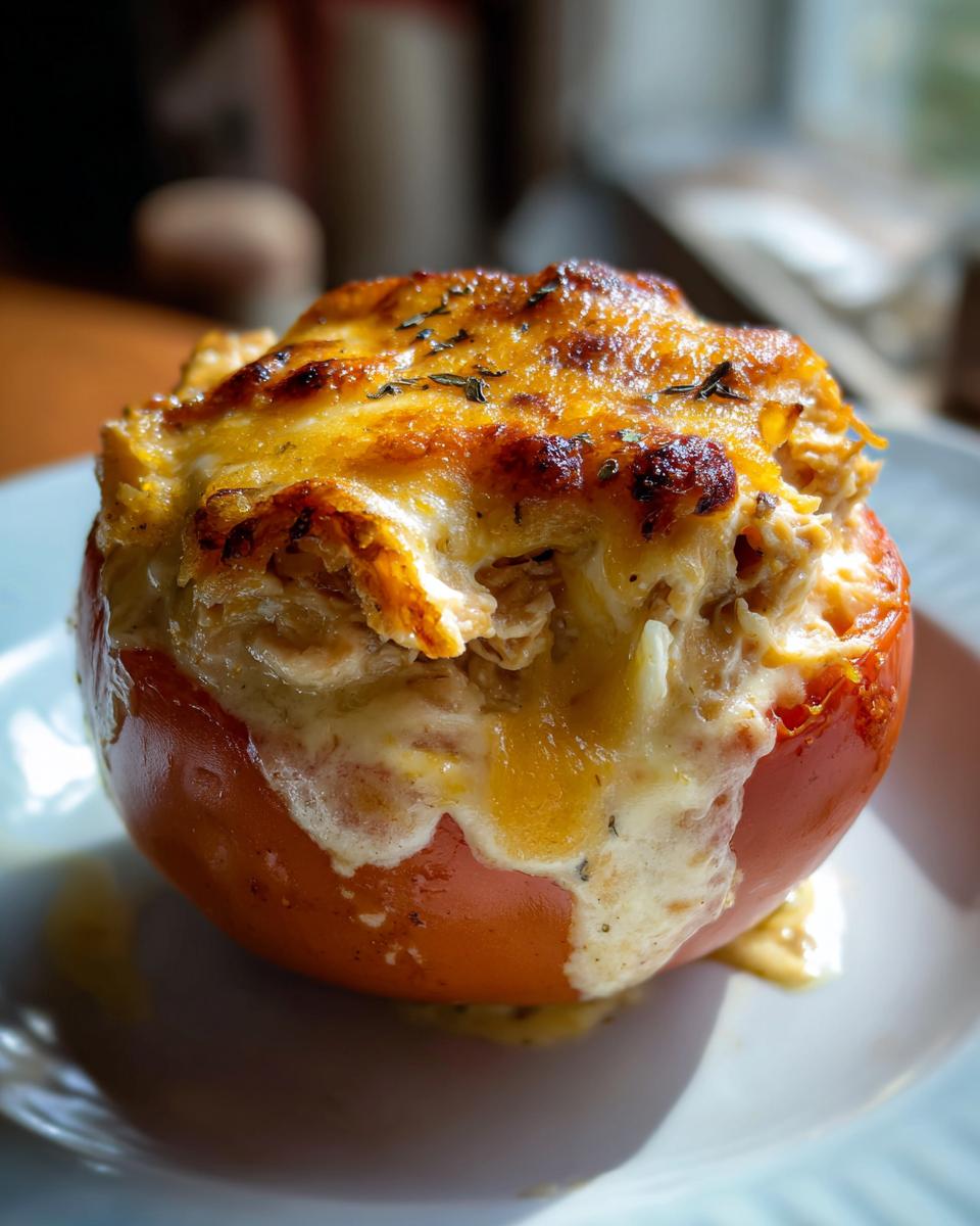Close-up of a Tuna Melt Stuffed Tomato, baked with melted cheese and herbs.