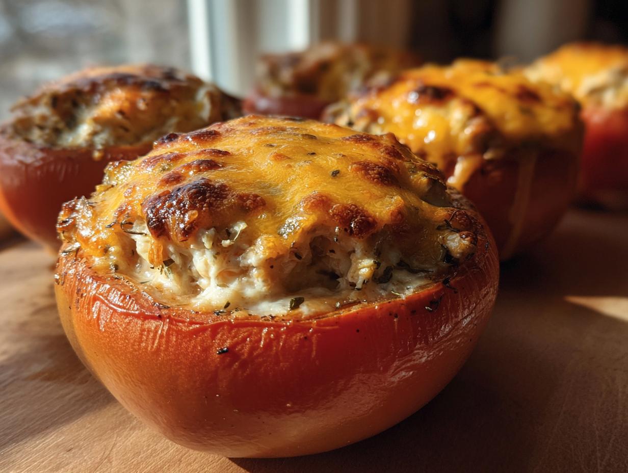 Close-up of baked Tuna Melt Stuffed Tomatoes with melted cheese topping.
