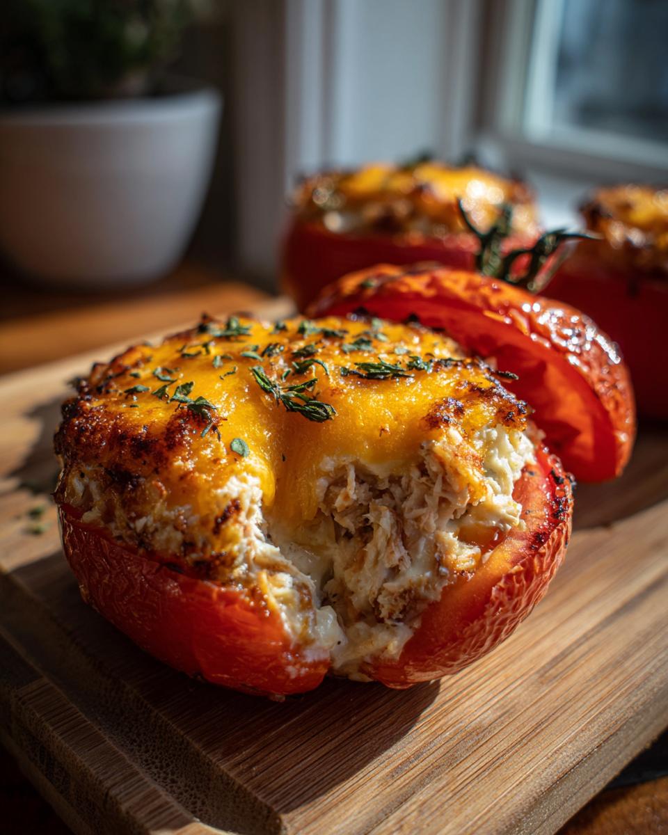 Close-up of a Tuna Melt Stuffed Tomato, showing the melted cheese and tuna filling.