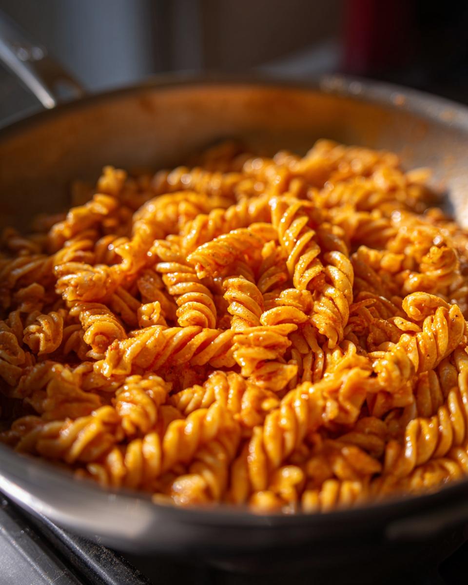 Close-up of fusilli pasta in a pan, showing the result of the viral pasta hack.