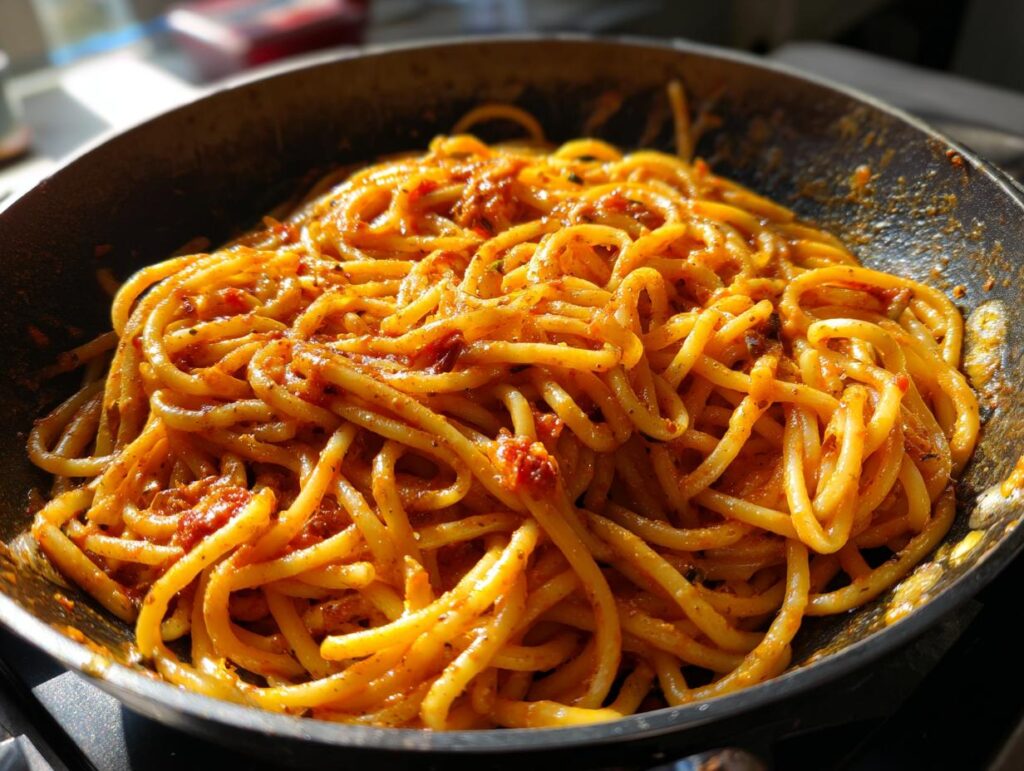 Close-up of pasta in a pan, showcasing the results of The Viral Pasta Hack That Actually Works.
