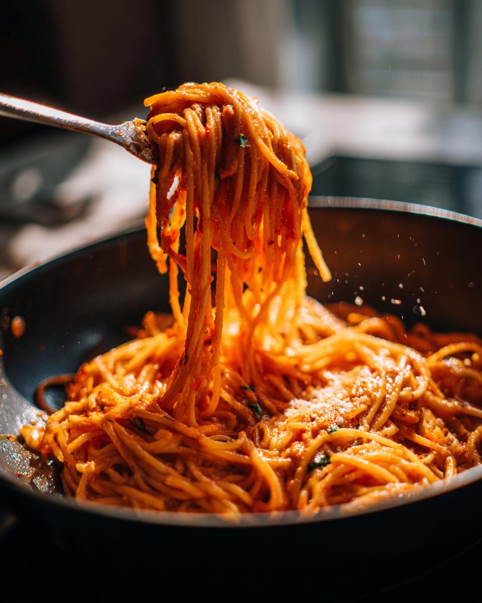 Close-up of pasta with sauce being lifted from a pan with a fork, showcasing the viral pasta hack.