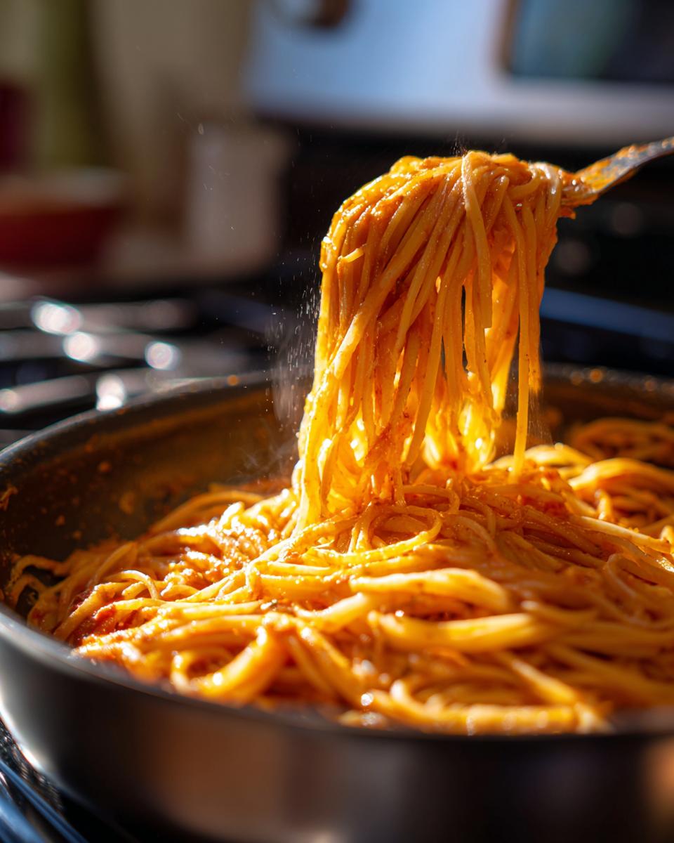 Close-up of spaghetti being lifted from a pan, showing the results of the Viral Pasta Hack.
