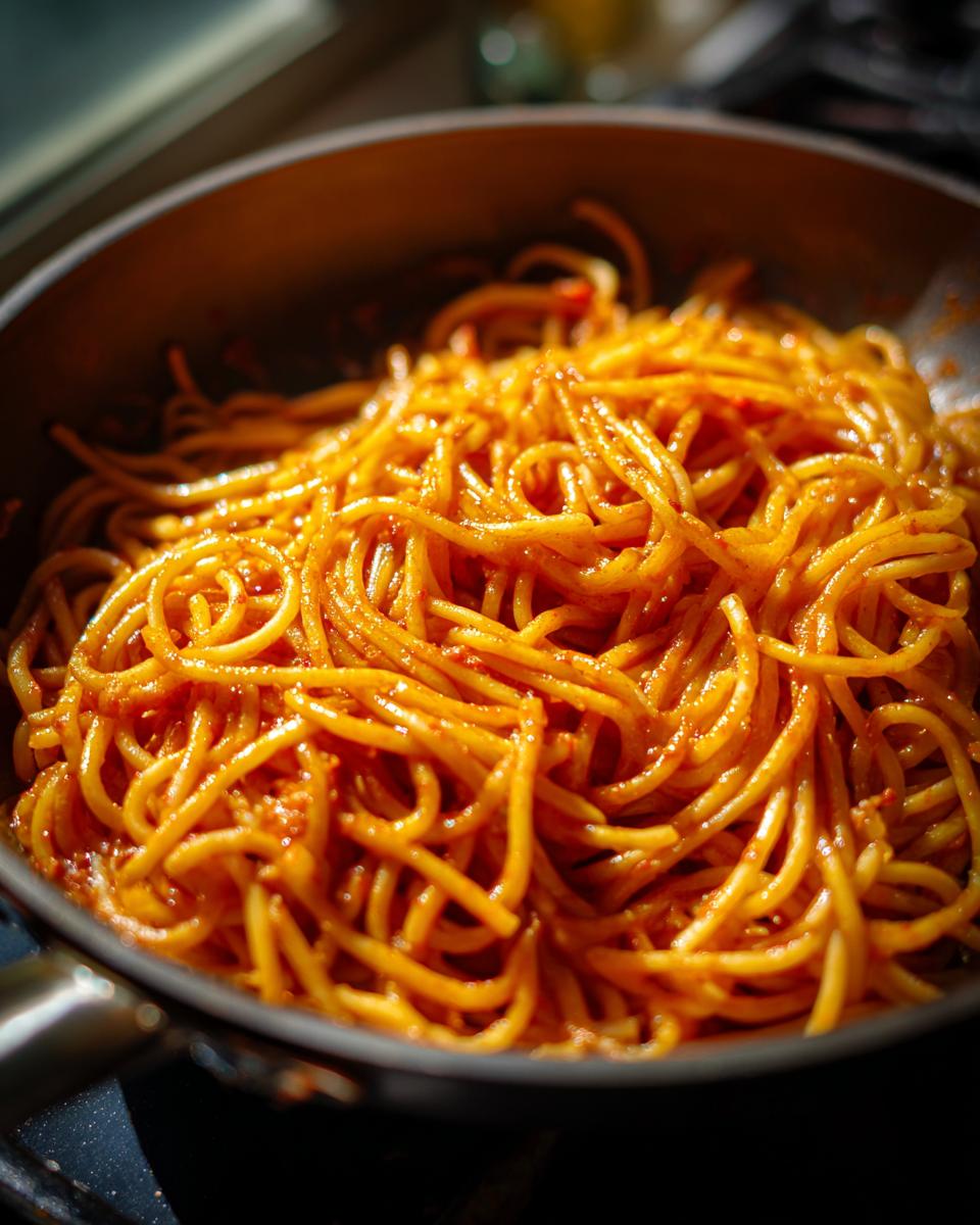 Close-up of cooked spaghetti with sauce, showcasing the Viral Pasta Hack.