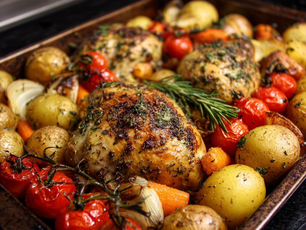 Roasted chicken and vegetables in a pan, perfect for the ultimate weeknight dinner with almost no cleanup.