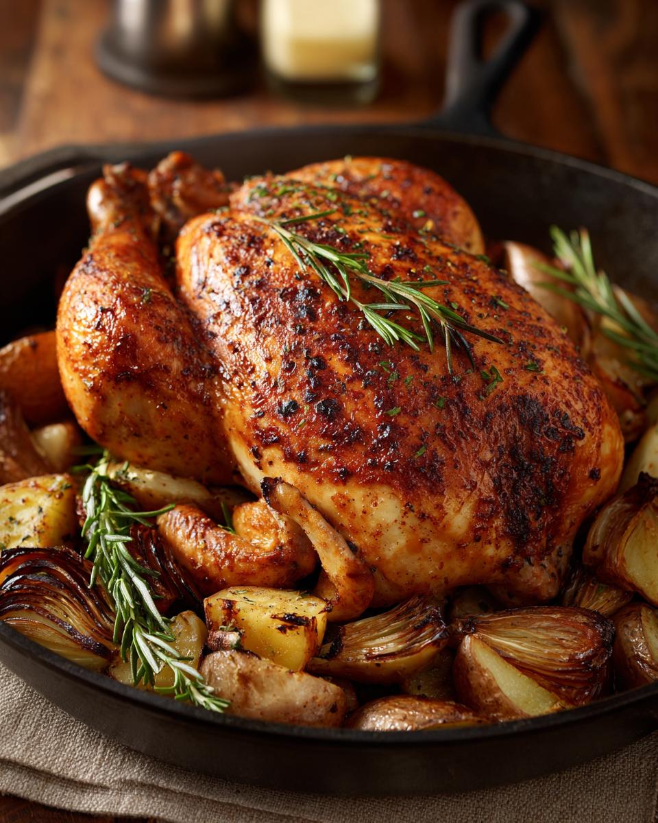 Whole roasted chicken with potatoes and onions in a skillet, perfect for the Ultimate Weeknight Dinner with Almost No Cleanup.