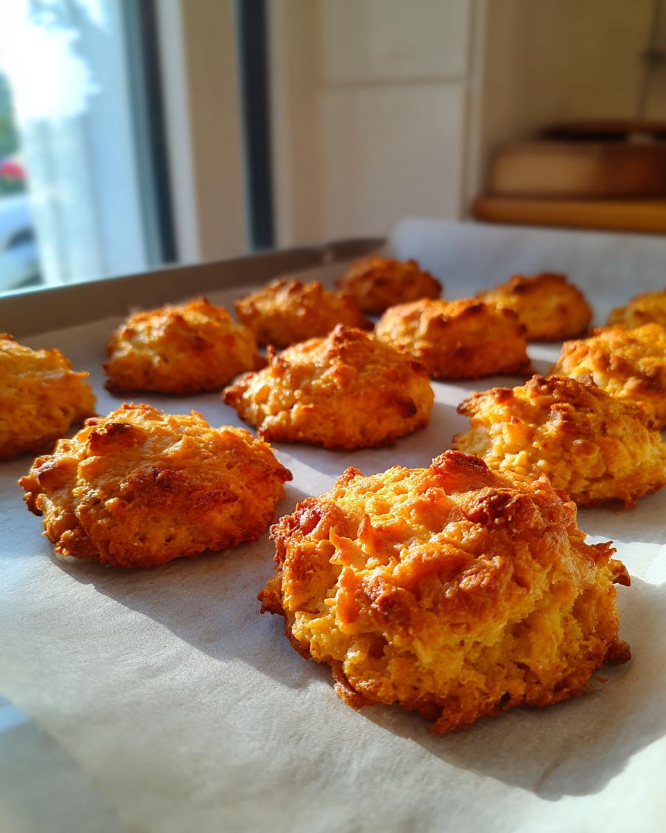 Close-up of freshly baked 3-ingredient tuna cat treats on a baking sheet.