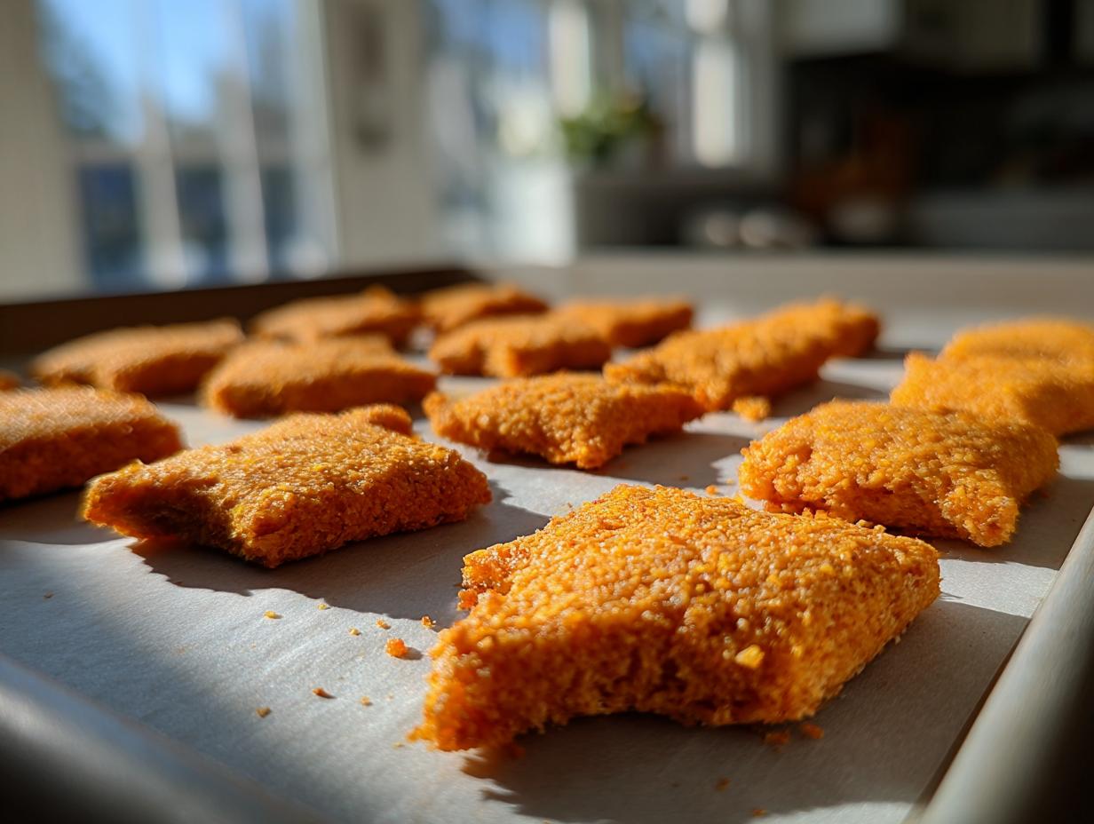 Close-up of baked 3-ingredient tuna cat treats on a baking sheet, ready to be served.
