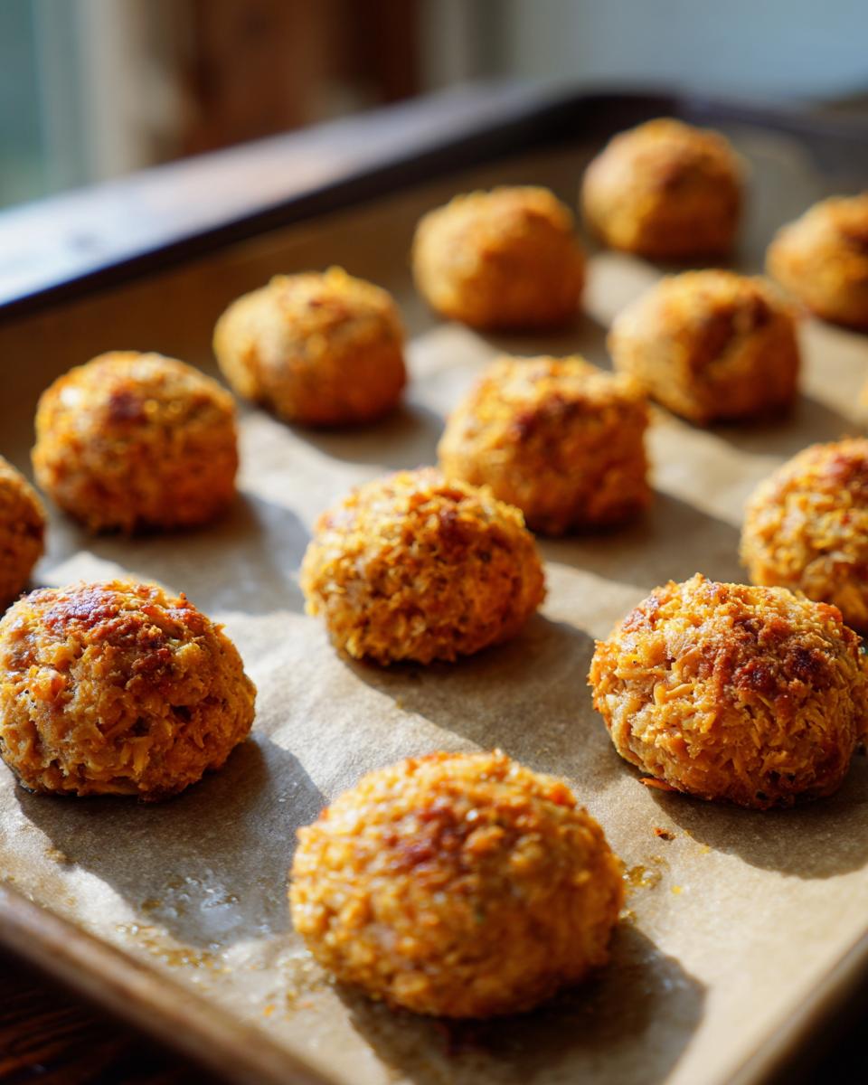 Close-up of baked 4-Ingredient Tuna & Pumpkin Cat Bites on a baking sheet, ready to serve.