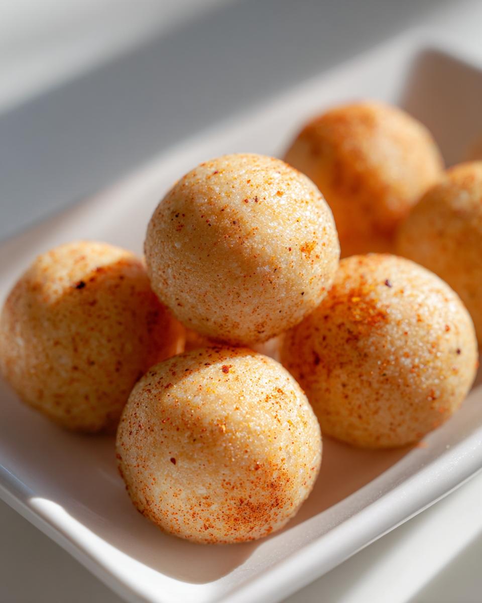 Close-up of several homemade anti-inflammatory cat treats on a white plate, sprinkled with spices.