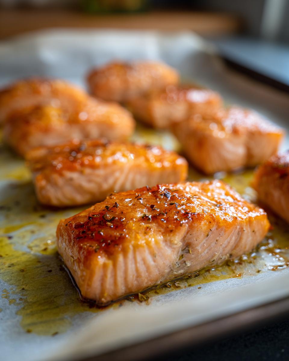 Close-up of baked salmon cat bites on parchment paper, ready to serve. The image shows the delicious Baked Salmon Cat Bites.