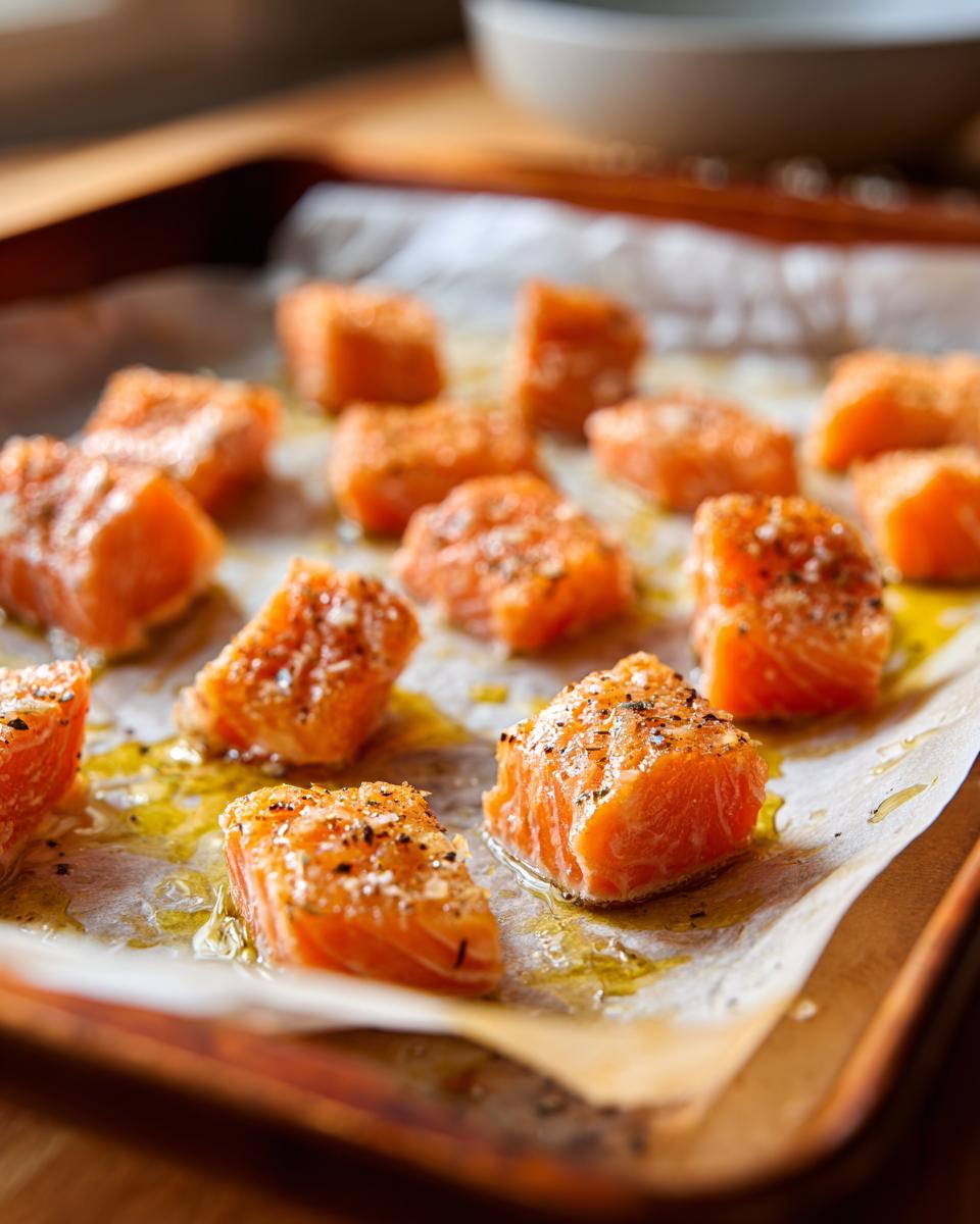 Close-up of baked salmon cat bites on parchment paper, ready to be served. The image shows the delicious Baked Salmon Cat Bites.