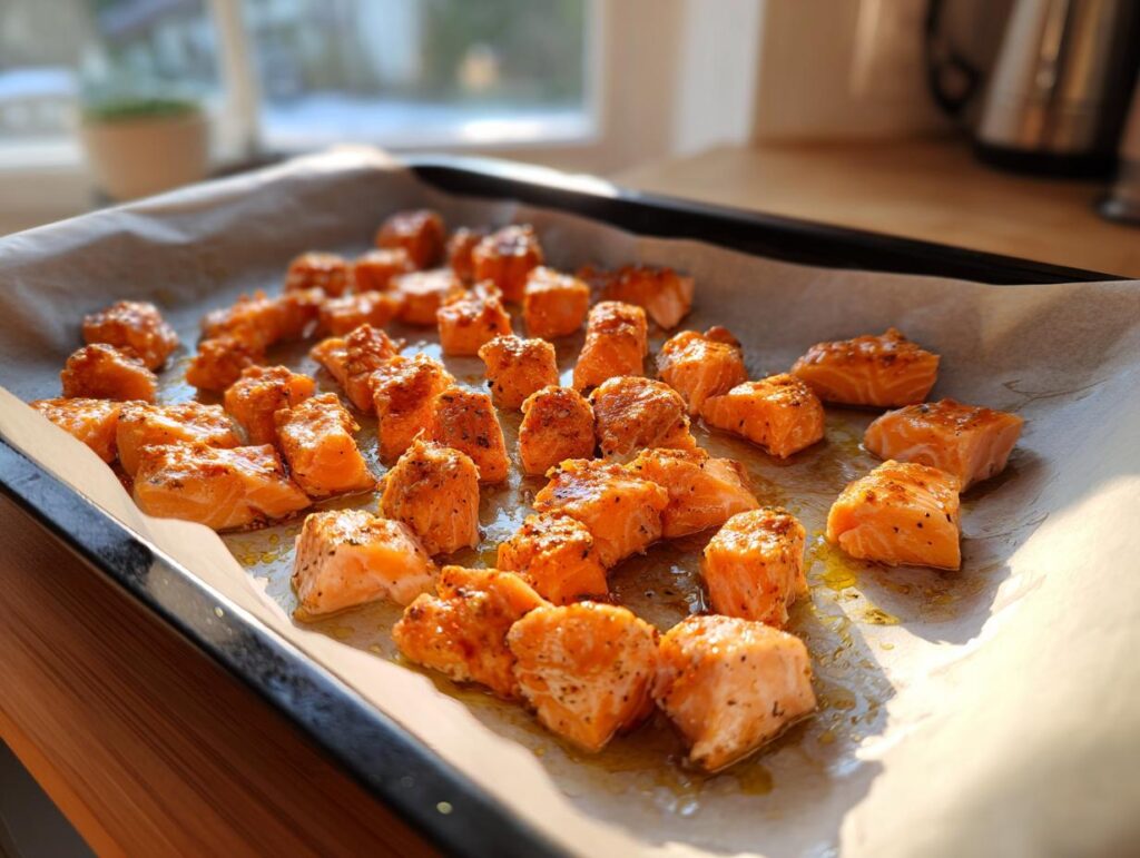 Close-up of baked salmon cat bites on a baking sheet, ready to be served. The image shows the Baked Salmon Cat Bites.