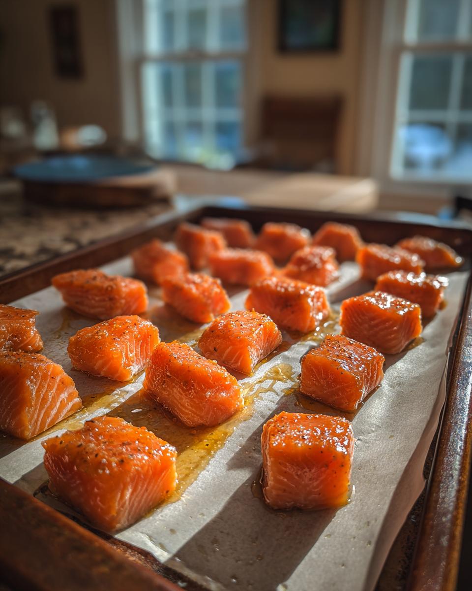 Close-up of baked salmon cat bites on a baking sheet, ready to be served. The image shows the delicious Baked Salmon Cat Bites.