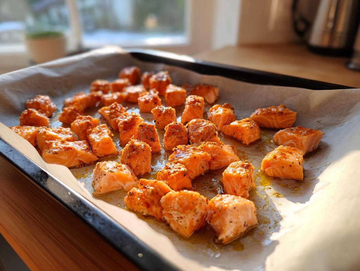 Close-up of baked salmon cat bites on a baking sheet, ready to be served. The image shows the Baked Salmon Cat Bites.
