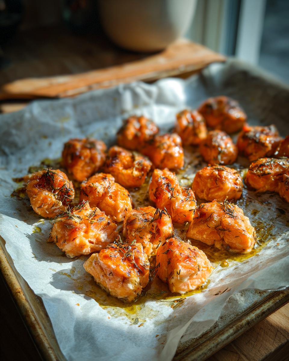Close-up of baked salmon cat bites on parchment paper, ready to serve. This recipe uses the primary keyword: Baked Salmon Cat Bites.