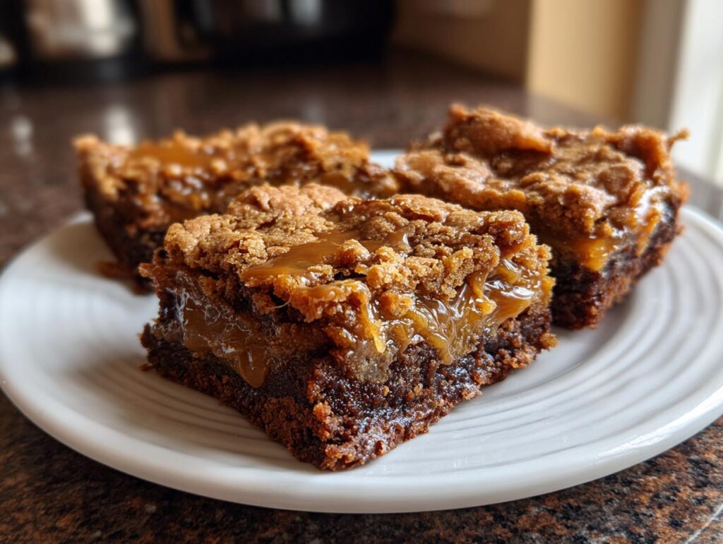 Close-up of Biscoff Caramel Sticky Toffee Bars on a white plate, showing caramel filling.