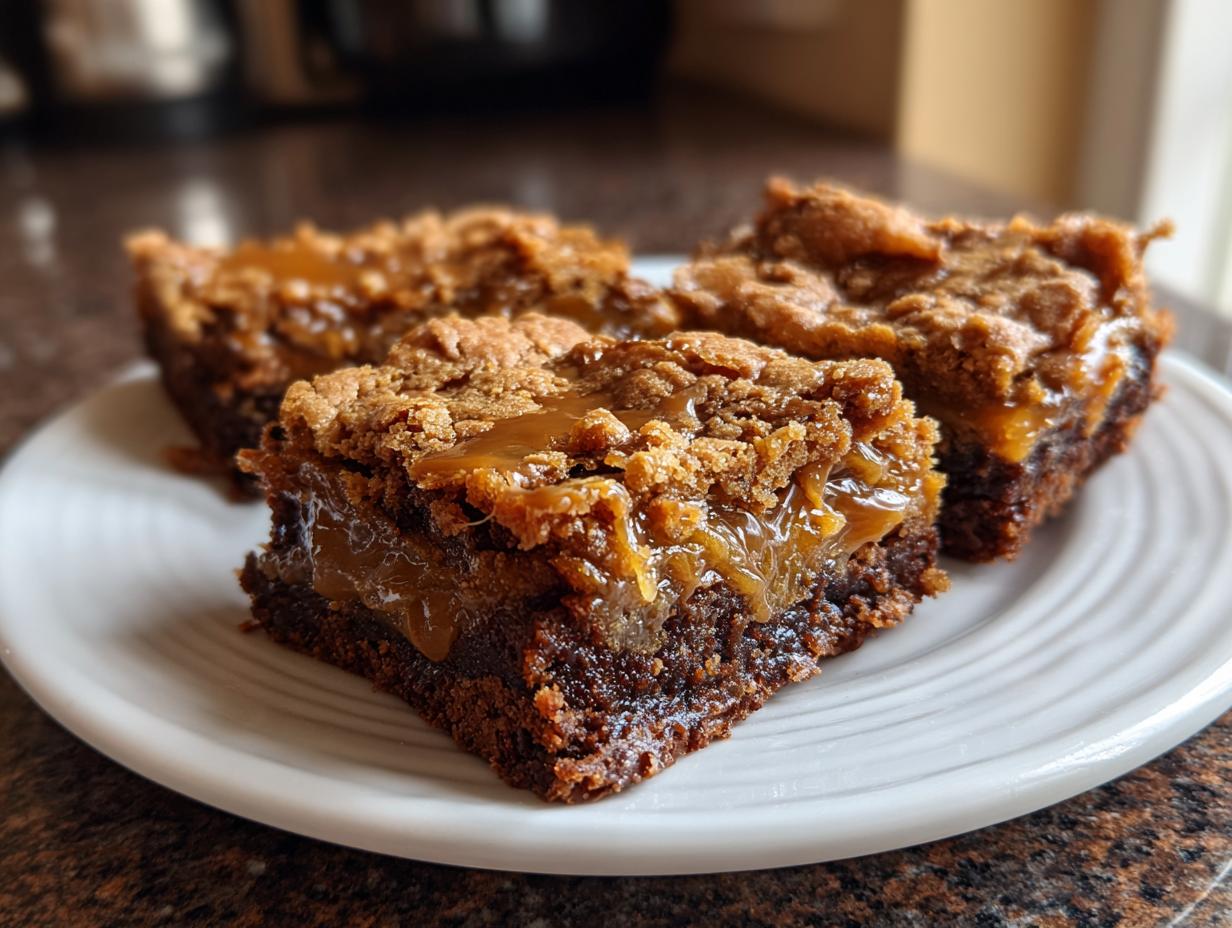Close-up of Biscoff Caramel Sticky Toffee Bars on a white plate, showing caramel filling.