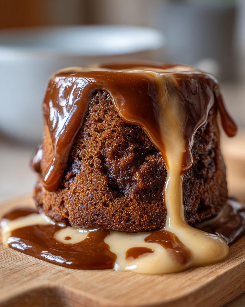Close-up of a Biscoff Sticky Toffee Pudding drenched in caramel sauce, showcasing its decadent texture.