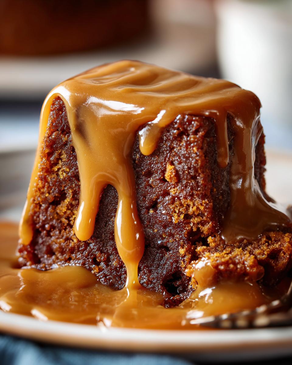 Close-up of a slice of Biscoff Sticky Toffee Pudding Decadence with caramel sauce.