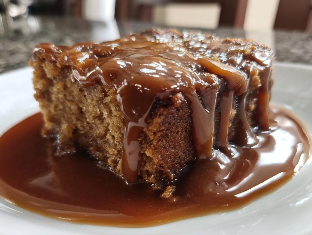 A delicious slice of Biscoff Sticky Toffee Pudding with rich toffee sauce.