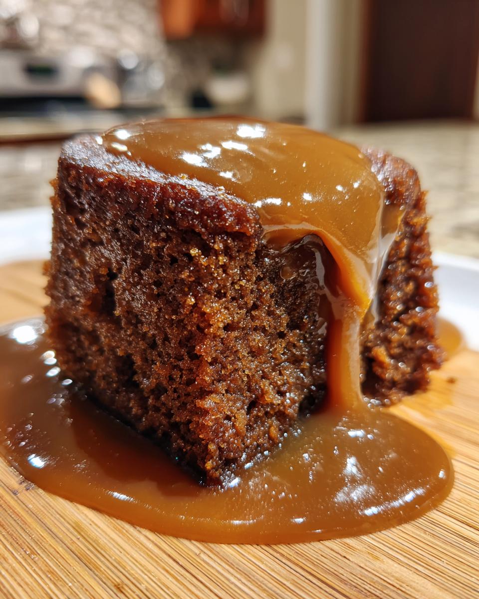 Close-up of a slice of Biscoff Sticky Toffee Pudding Decadence with caramel sauce.