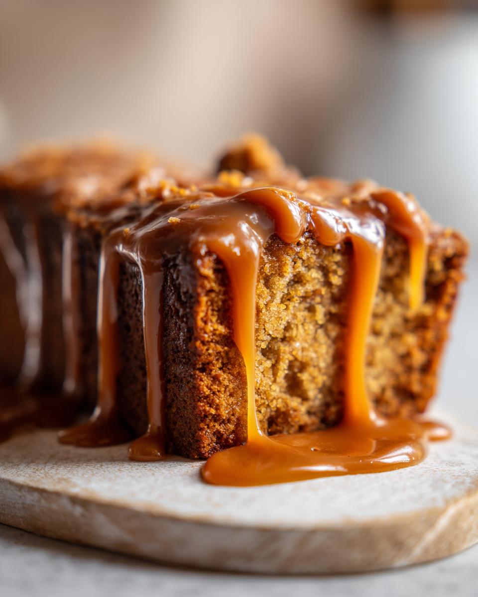 Close-up of a slice of Biscoff Sticky Toffee Pudding with caramel sauce dripping down.