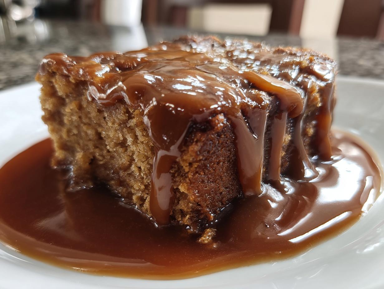 A delicious slice of Biscoff Sticky Toffee Pudding with rich toffee sauce.