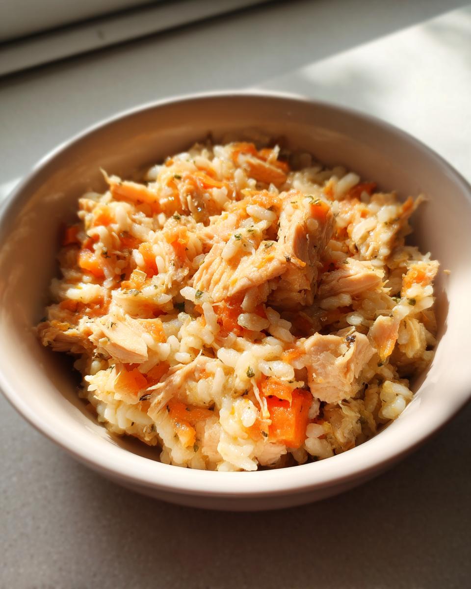 Close-up of a bowl of Budget Homemade Cat Food, including rice, carrots, and meat.