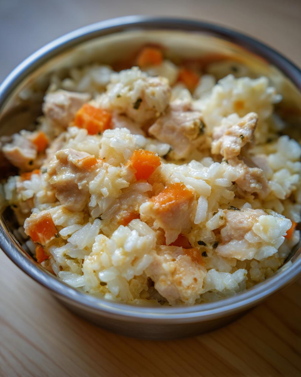 Close-up of Budget Homemade Cat Food in a bowl, featuring rice, chicken, and carrots.