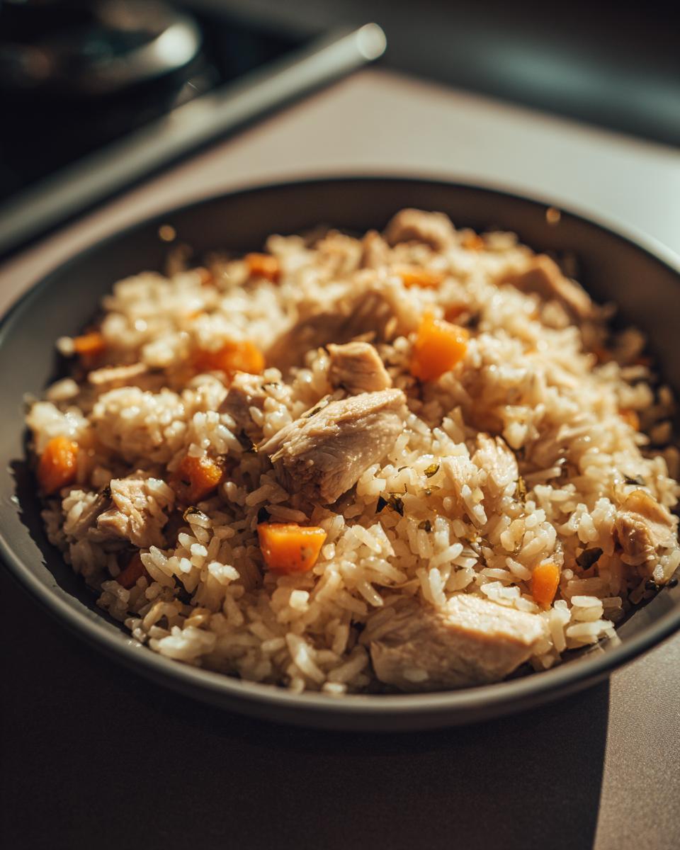 Close-up of a bowl of Budget Homemade Cat Food with chicken, rice, and carrots.